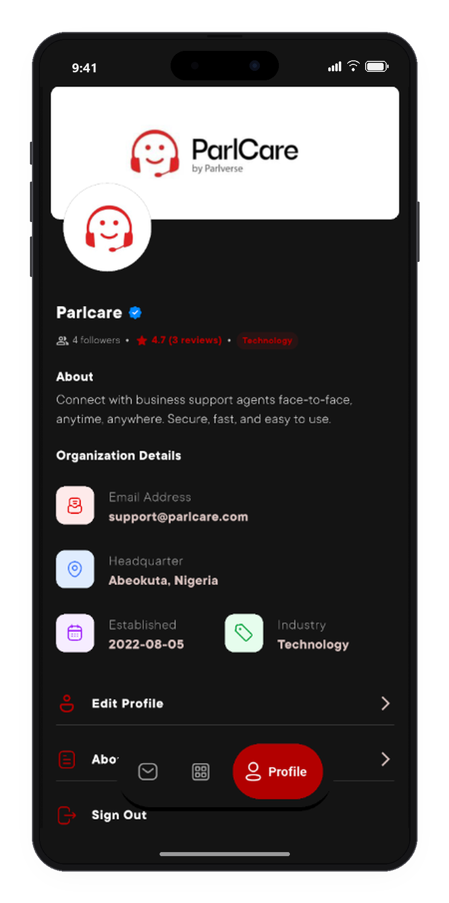 Parlcare Organization Profile & Workspace Screen
