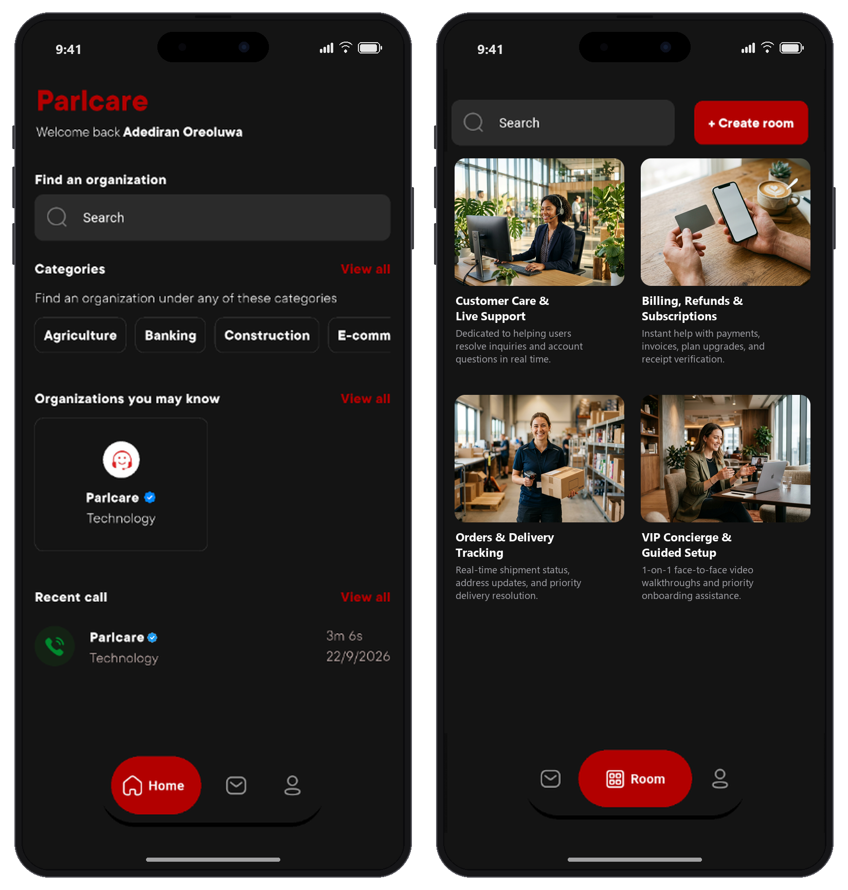 Parlcare Business Discovery & Workspace Screens