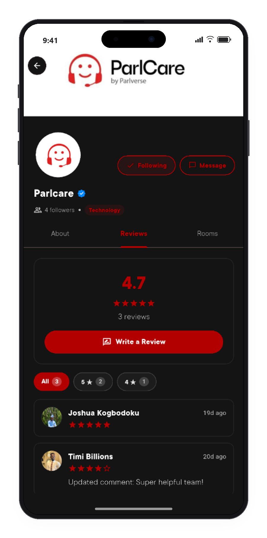 Parlcare Personal Business Reviews & Rating Screen