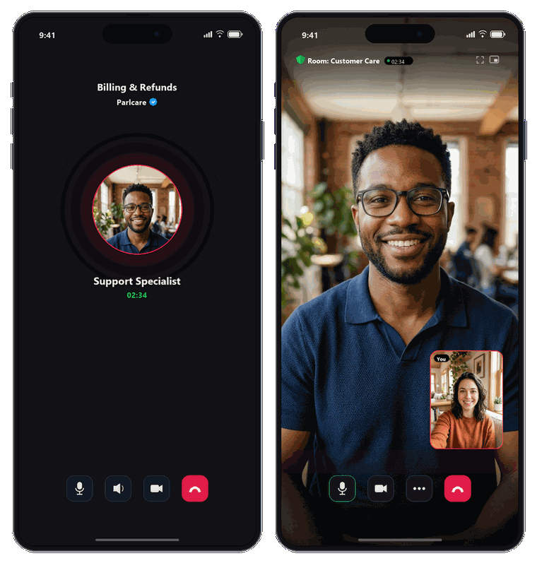 Parlcare Video & Voice Call Screens